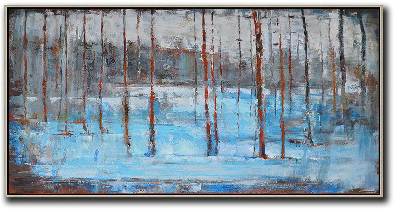 Handmade Large Contemporary Art,Panoramic Abstract Landscape Painting,Big Canvas Painting,Grey,Light Blue,Red.etc